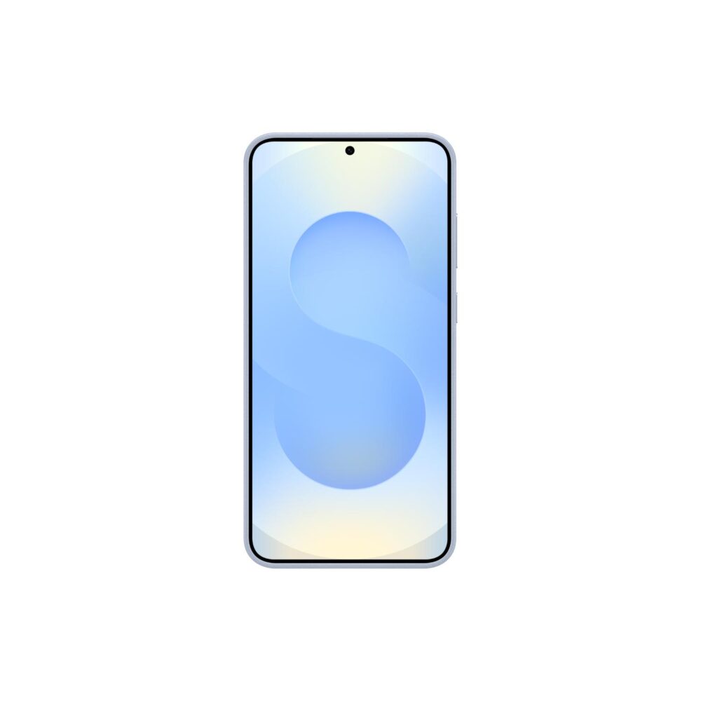 Front view of the Samsung Galaxy S25+ fitted with the official Kindsuit Case in Blue, showing the screen and slim case edges