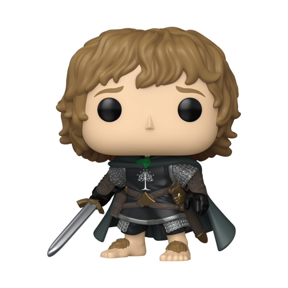 Unboxed Peregrin Took Funko Pop #1985 figure in Gondor armour with a sword and dark green cloak.