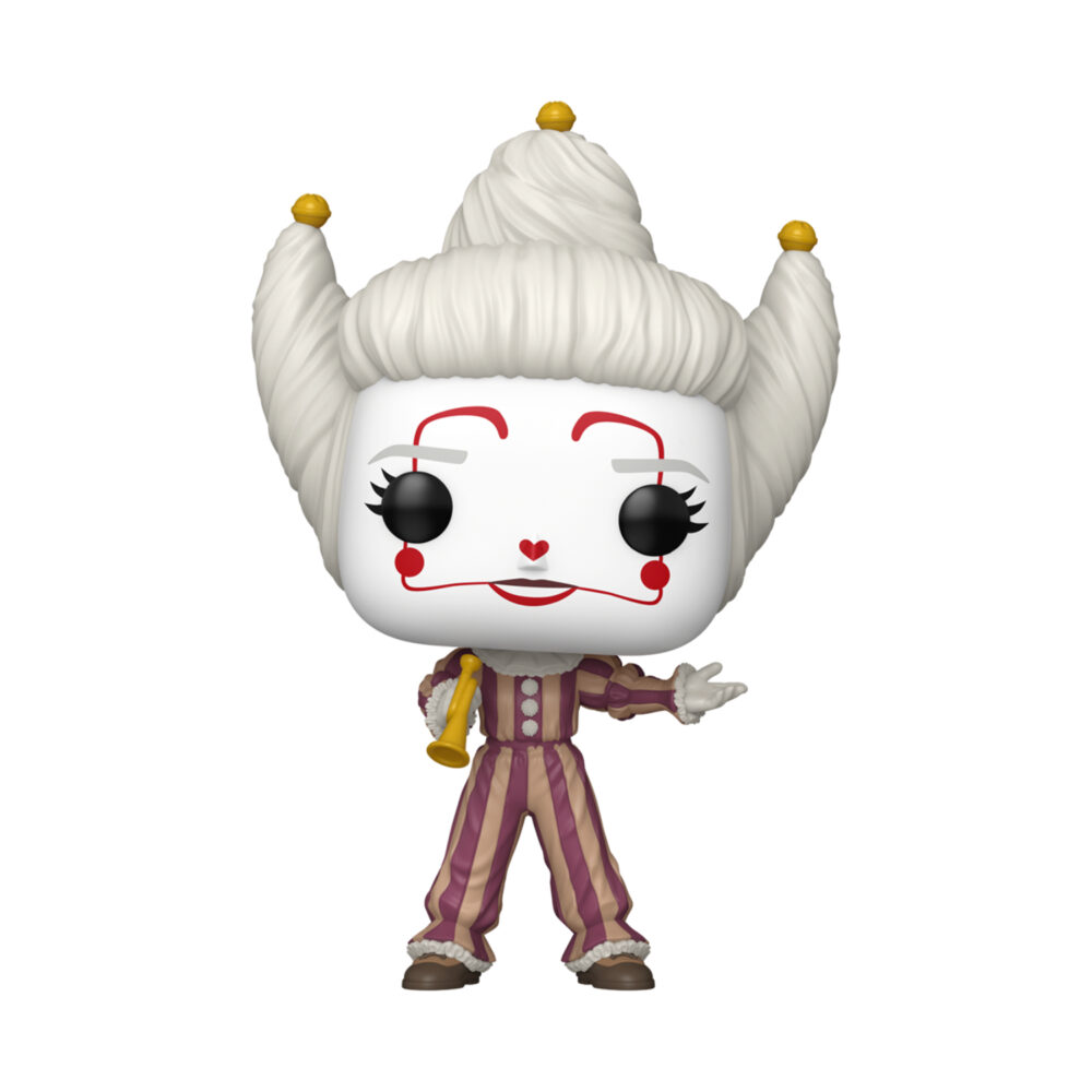 Unboxed Periwinkle Funko Pop #1855 figure holding a small gold horn and wearing a purple striped clown outfit.