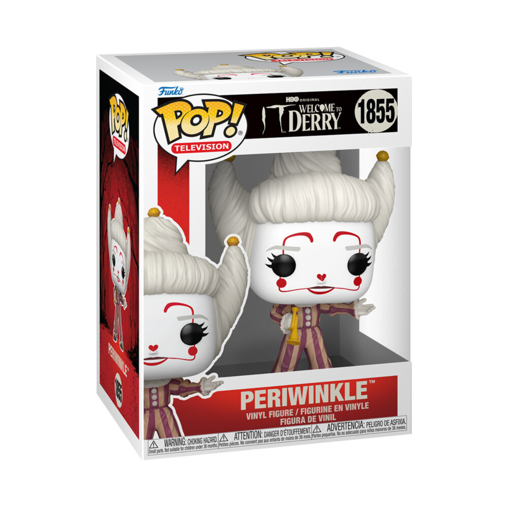 Periwinkle Funko Pop #1855 shown in its IT: Welcome to Derry window display box.