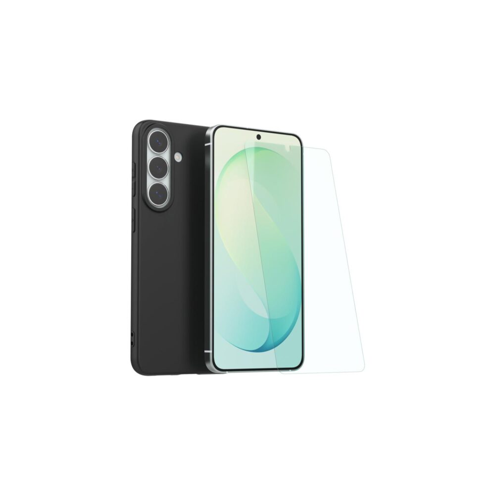Angled view of the Samsung Galaxy S26 FE Mobeen 2-in-1 Protection Bundle in Black with the tempered glass screen protector shown separately