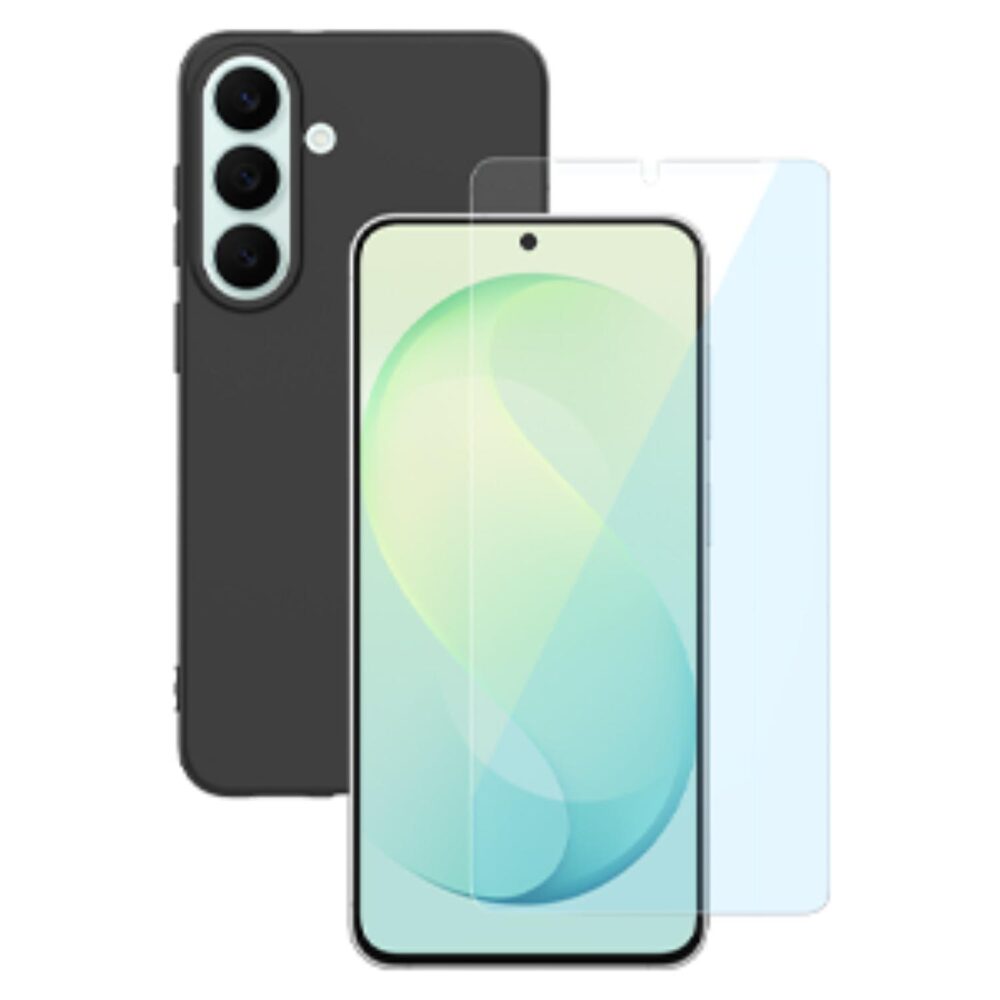 Samsung Galaxy S26 FE Mobeen 2-in-1 Protection Bundle in Black showing the phone, black case and tempered glass screen protector
