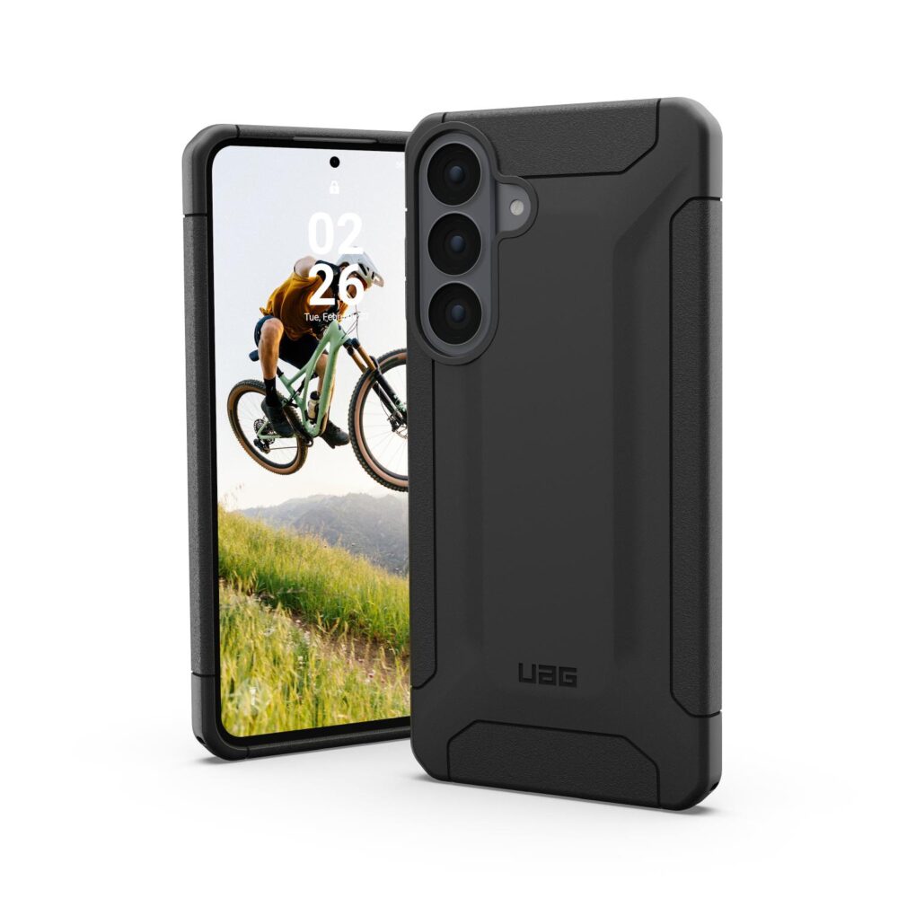 Samsung Galaxy S26 FE fitted with the UAG Scout Case in Black, shown from the front and rear