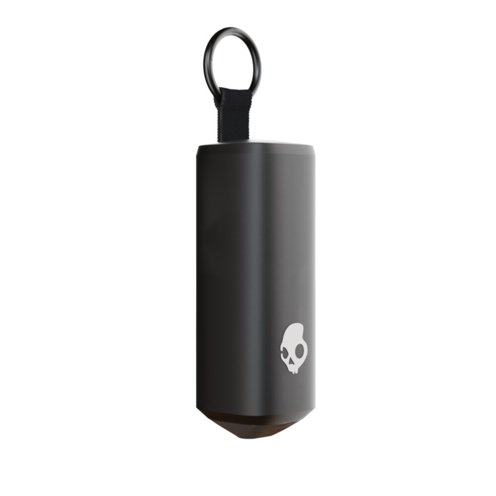 Black Skullcandy Dime® 360 charging case shown closed at an angle with the integrated carry ring visible
