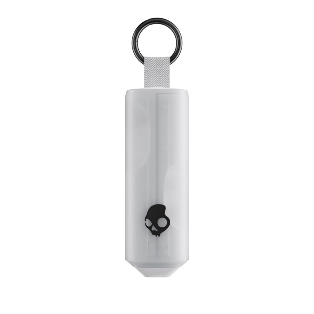 Bone Skullcandy Dime® 360 charging case shown closed from the front with the Skullcandy logo and carry ring visible