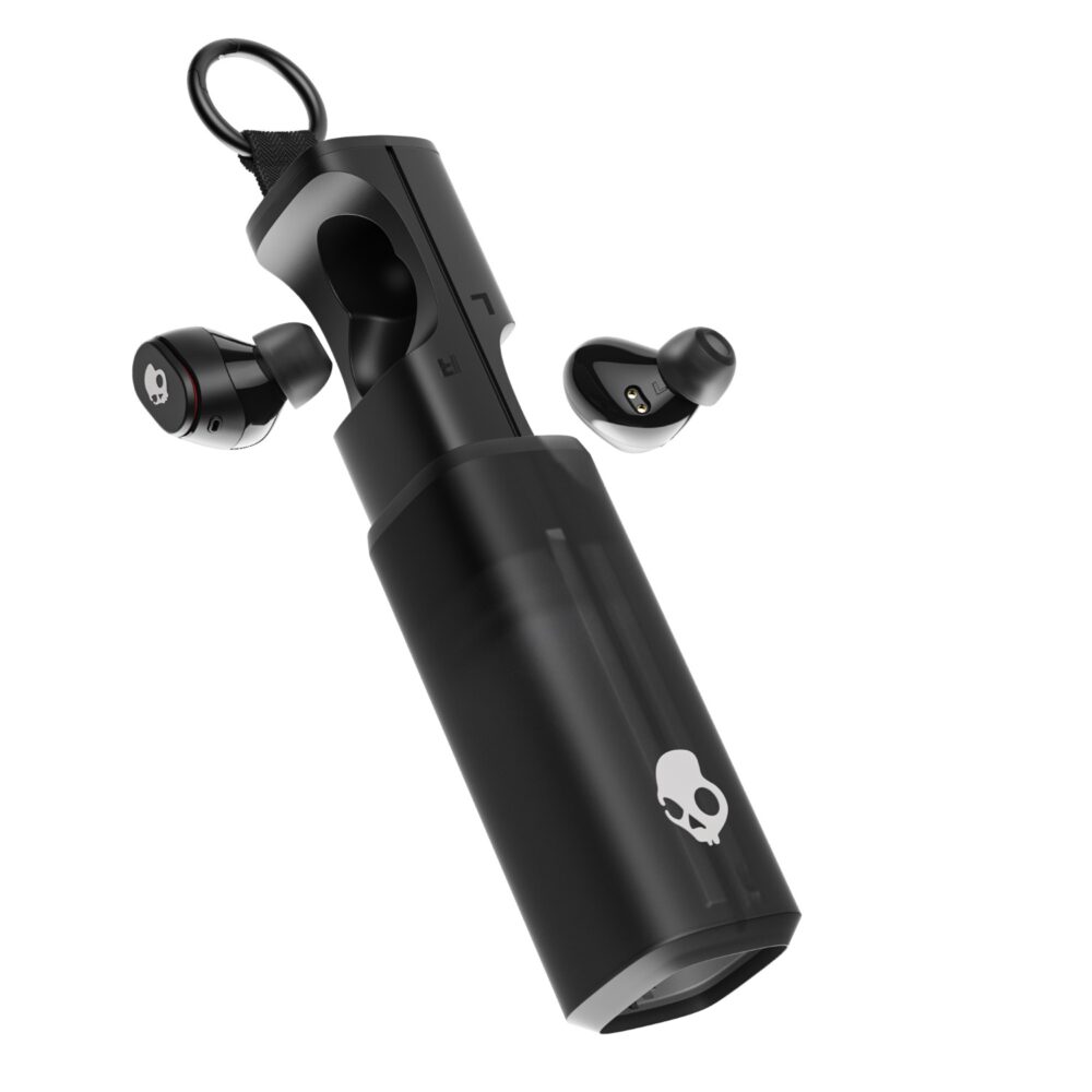 Skullcandy Dime® 360 Black earbuds positioned beside the open clip-ready charging case in an angled product view