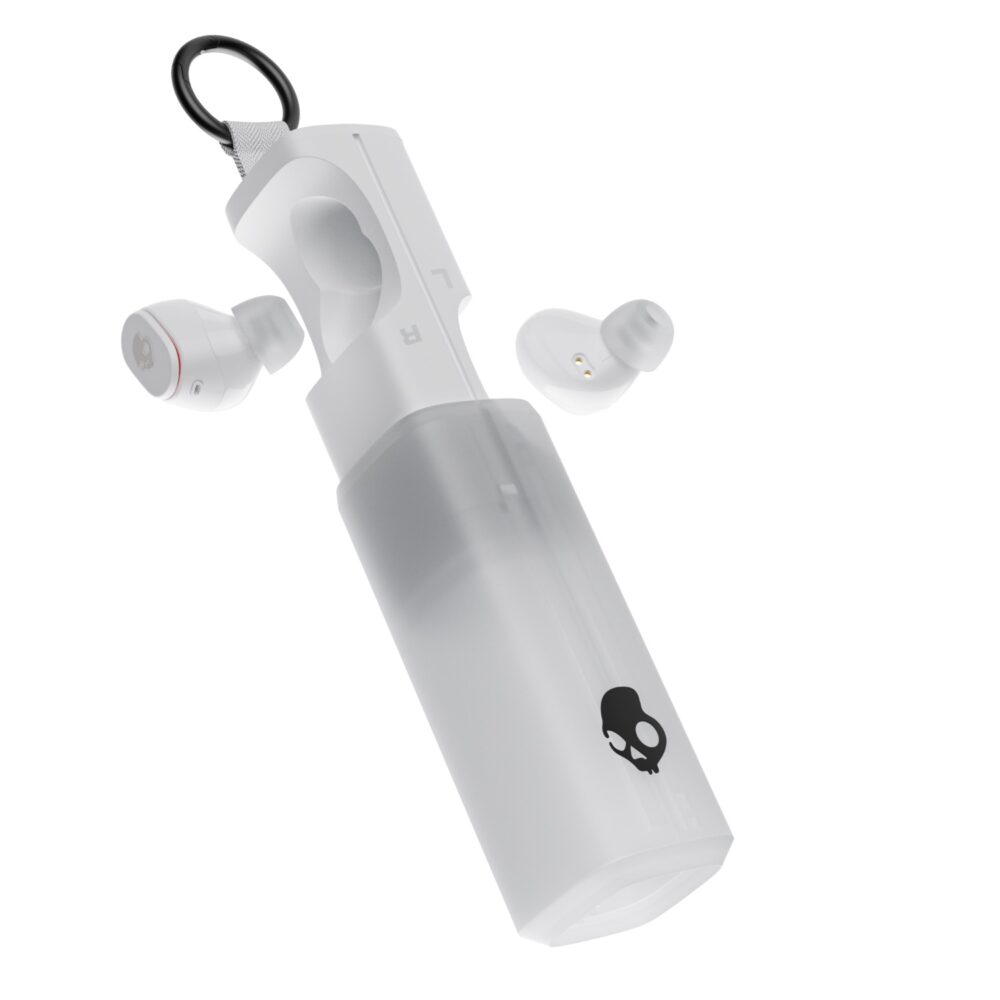 Skullcandy Dime® 360 Bone earbuds positioned beside the open clip-ready charging case in an angled product view