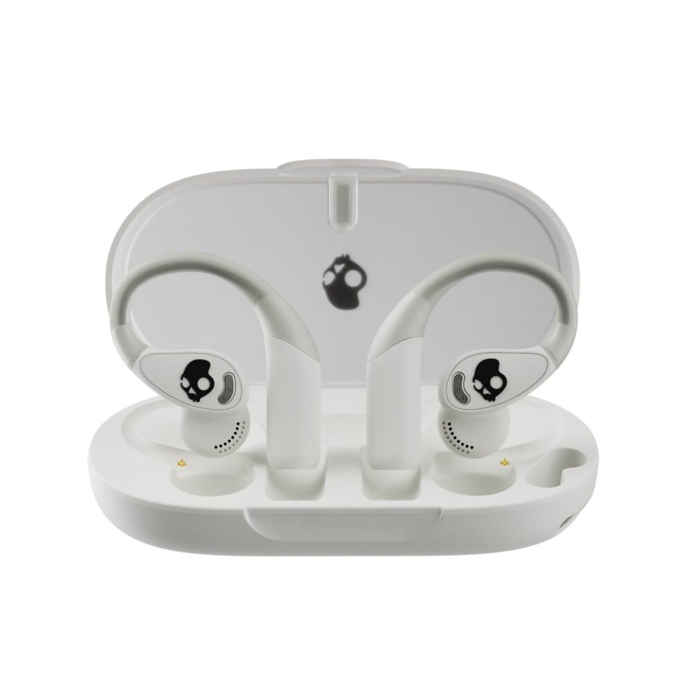 Bone Skullcandy Push® 540 open-ear earbuds seated upright in the open charging case from the front
