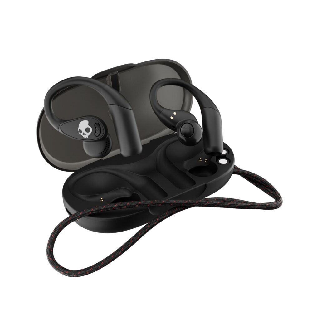 Skullcandy Push® 540 Black open-ear earbuds in the open charging case with the detachable neckband positioned around the case