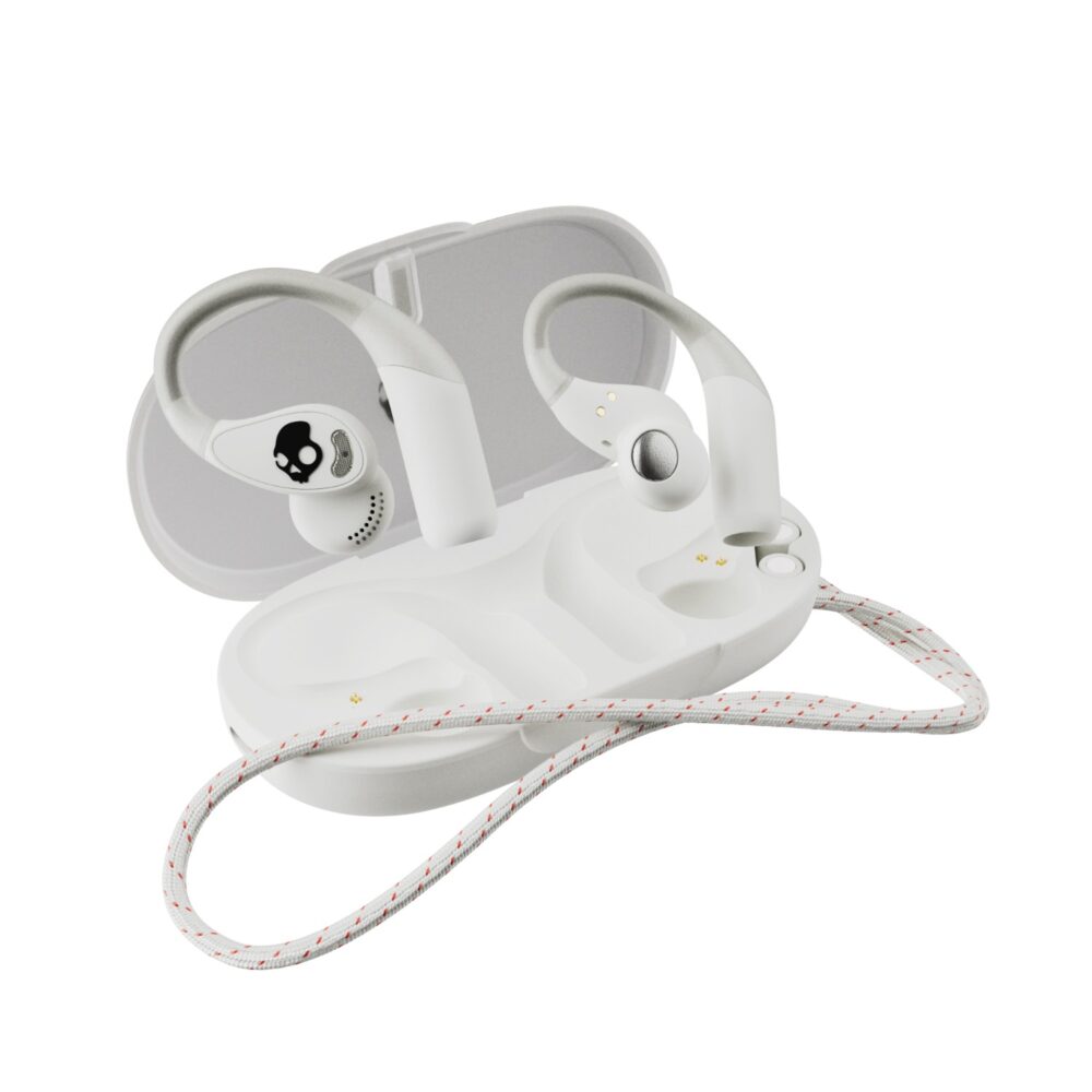Skullcandy Push® 540 Bone open-ear earbuds in the open charging case with the detachable neckband positioned around the case