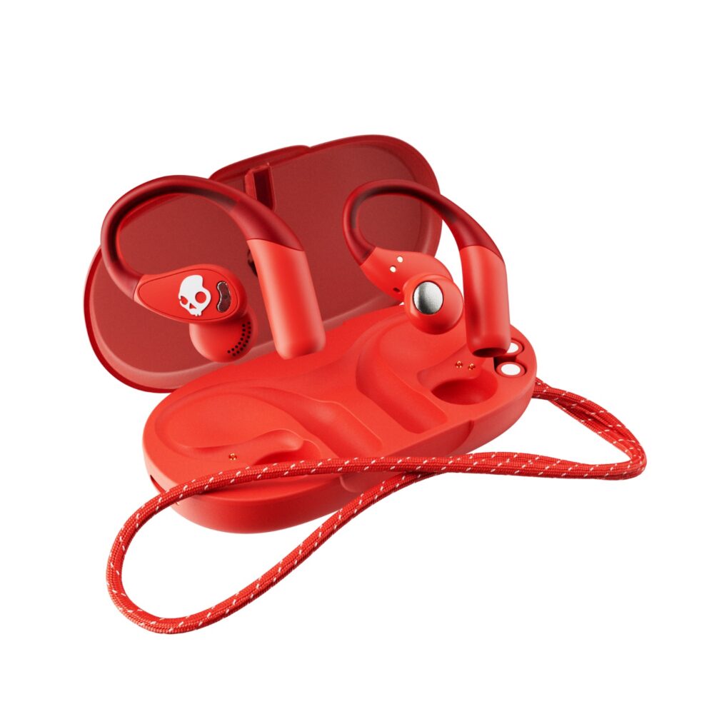 Skullcandy Push® 540 Plasma open-ear earbuds in the open charging case with the detachable neckband positioned around the case