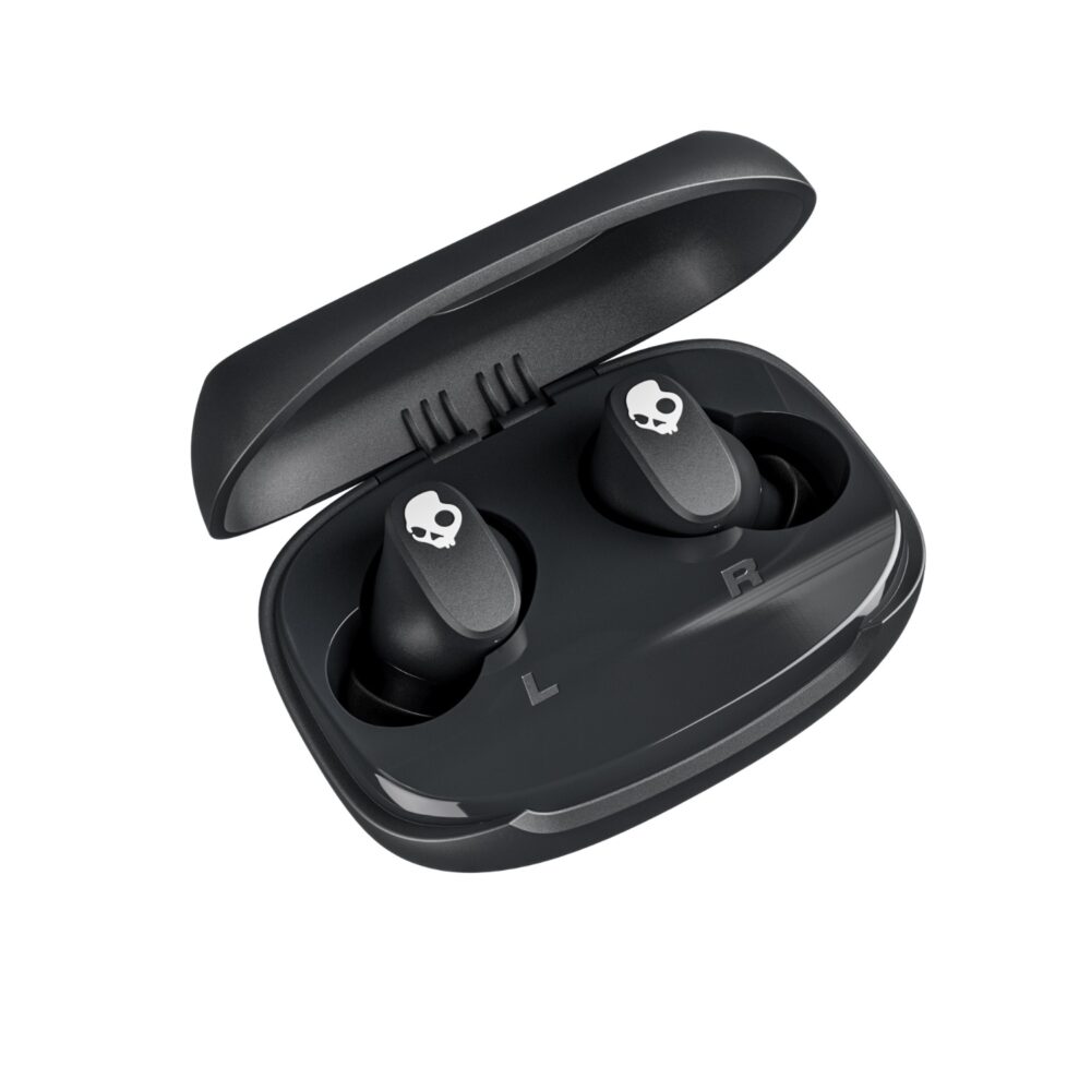 Black Skullcandy Smokin' Buds® 360 earbuds seated in the open charging case shown at an angle
