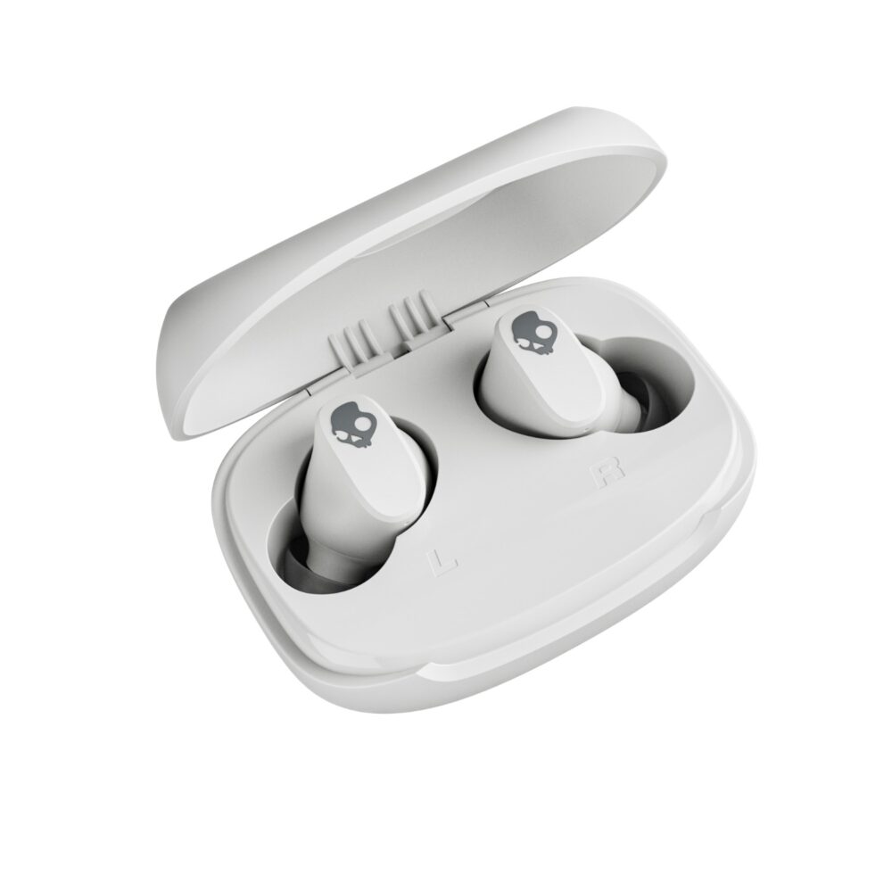 Bone Skullcandy Smokin' Buds® 360 earbuds seated in the open charging case shown at an angle