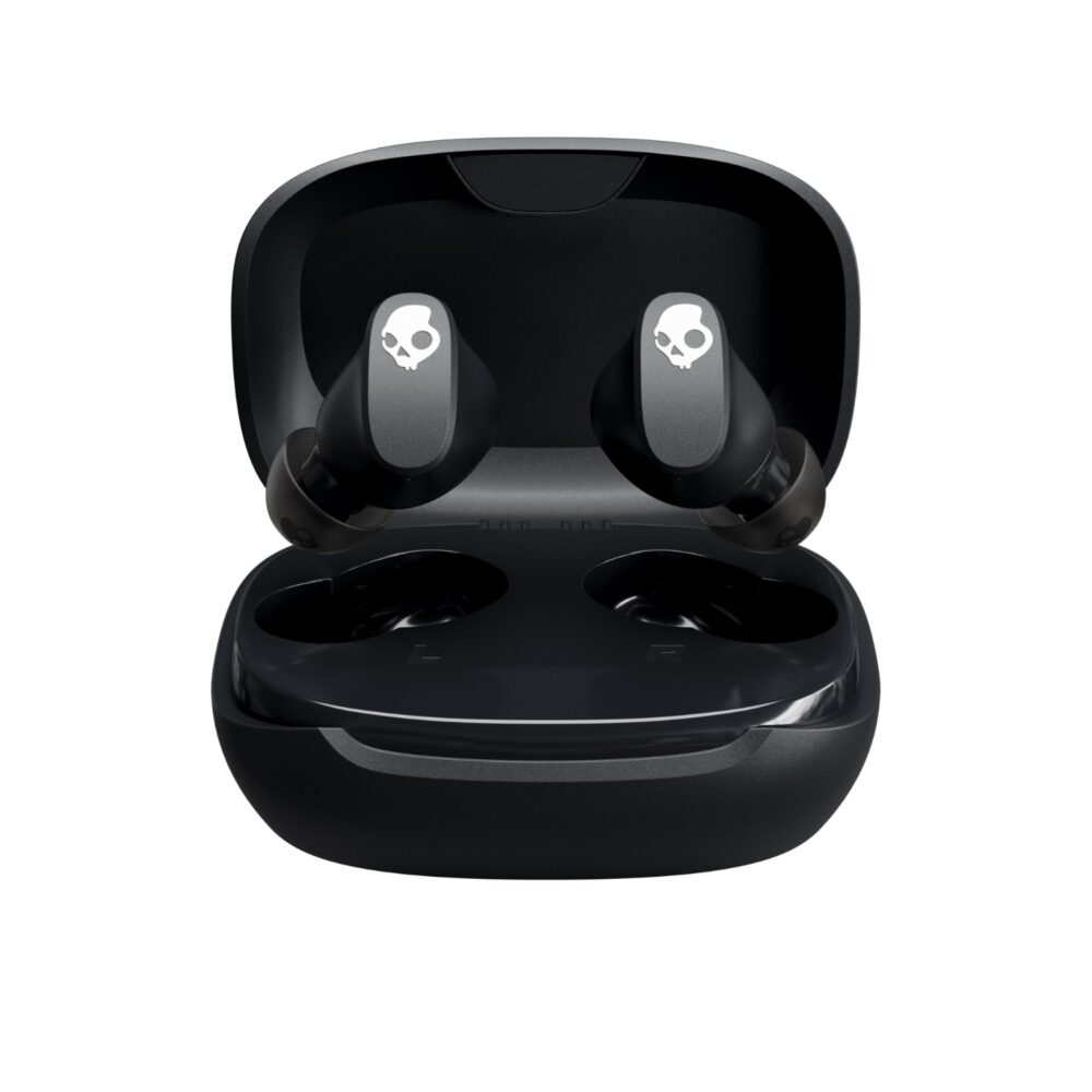 Skullcandy Smokin' Buds® 360 Black earbuds shown above the open charging case from the front