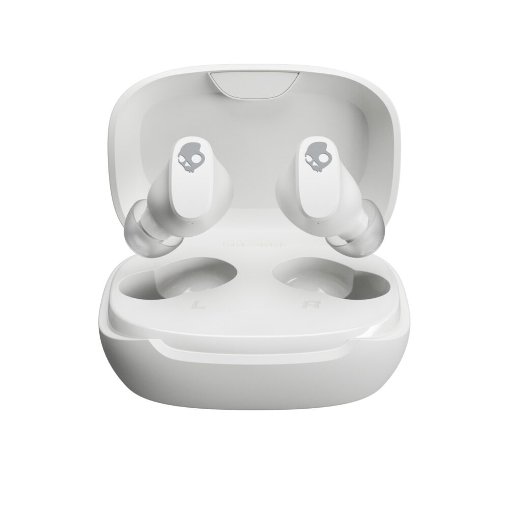 Skullcandy Smokin' Buds® 360 Bone earbuds shown above the open charging case from the front