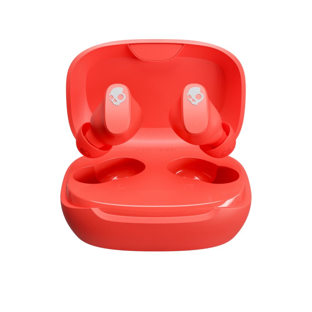 Skullcandy Smokin' Buds® 360 Plasma earbuds shown in the open matching charging case from the front