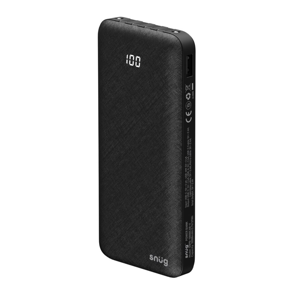 Black Snug 10000mAh power bank shown from the front with the digital battery display reading 100