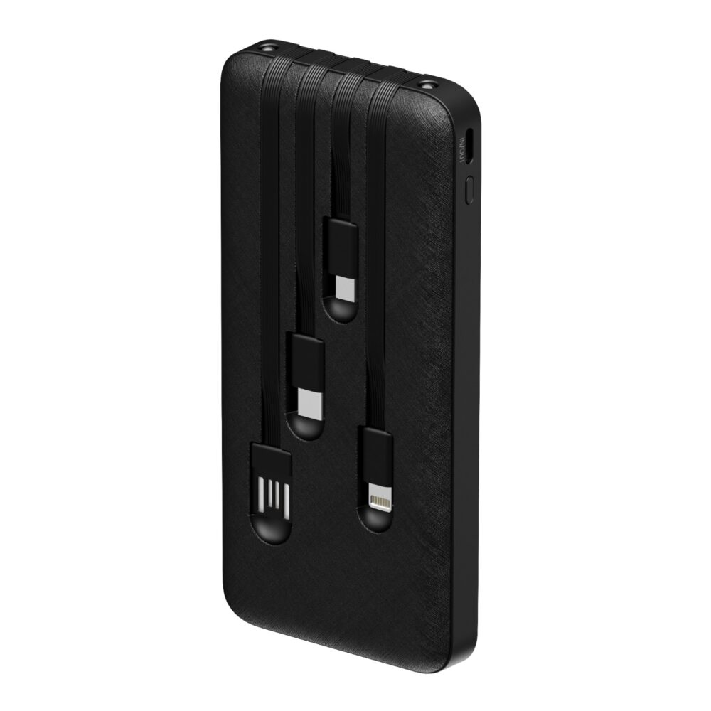 Black Snug 10000mAh power bank shown at an angle with its four built-in charging cables visible