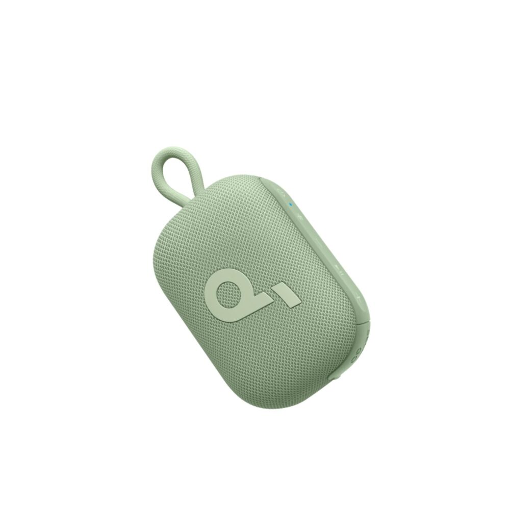 Soundcore Select 4 Go Bluetooth Speaker in Green shown at an angle with the carry loop and controls visible