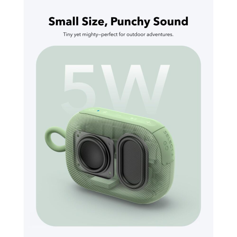 Soundcore Select 4 Go Green speaker feature graphic highlighting its compact design and punchy sound