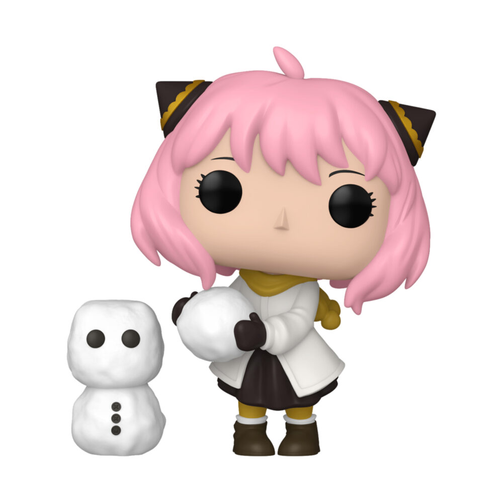 Unboxed Spy x Family Anya Forger Holiday Funko Pop #2495 shown holding a snowball beside a snowman companion