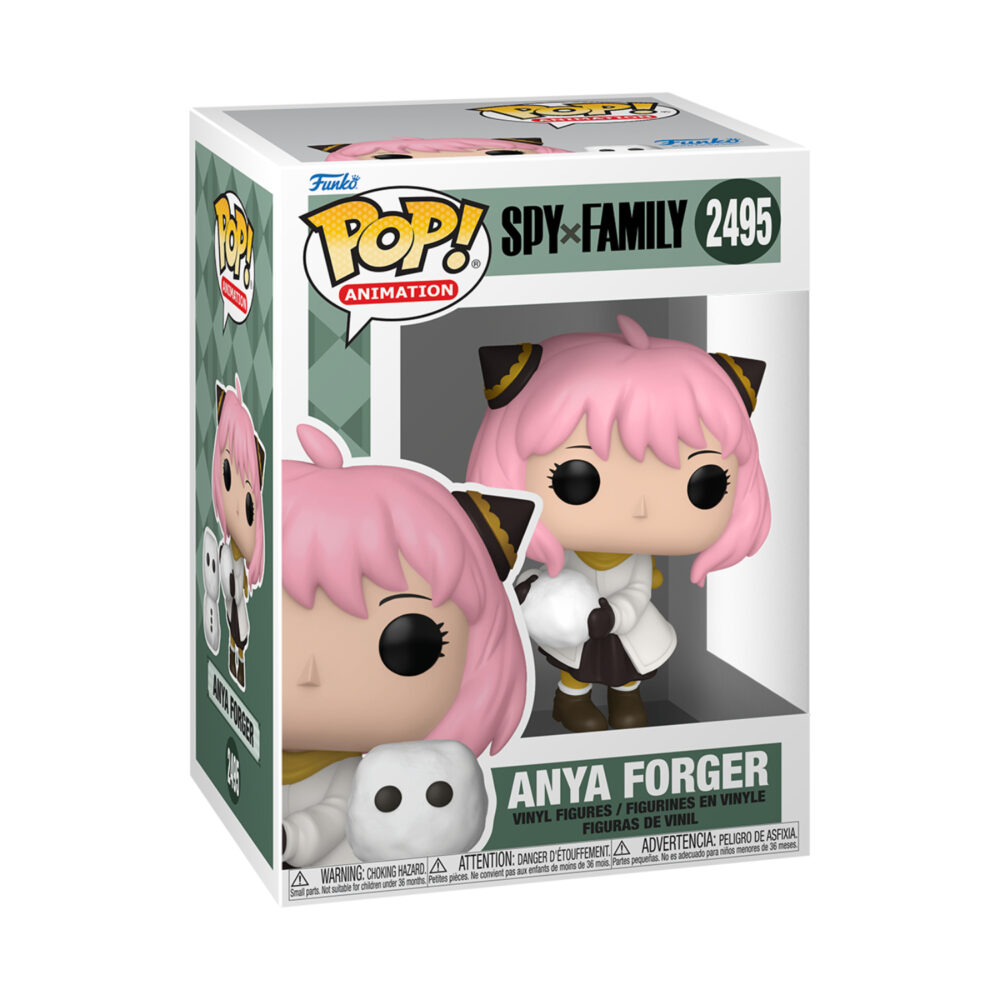 Spy x Family Anya Forger Holiday Funko Pop figure #2495 shown in its window display box with snowman companion