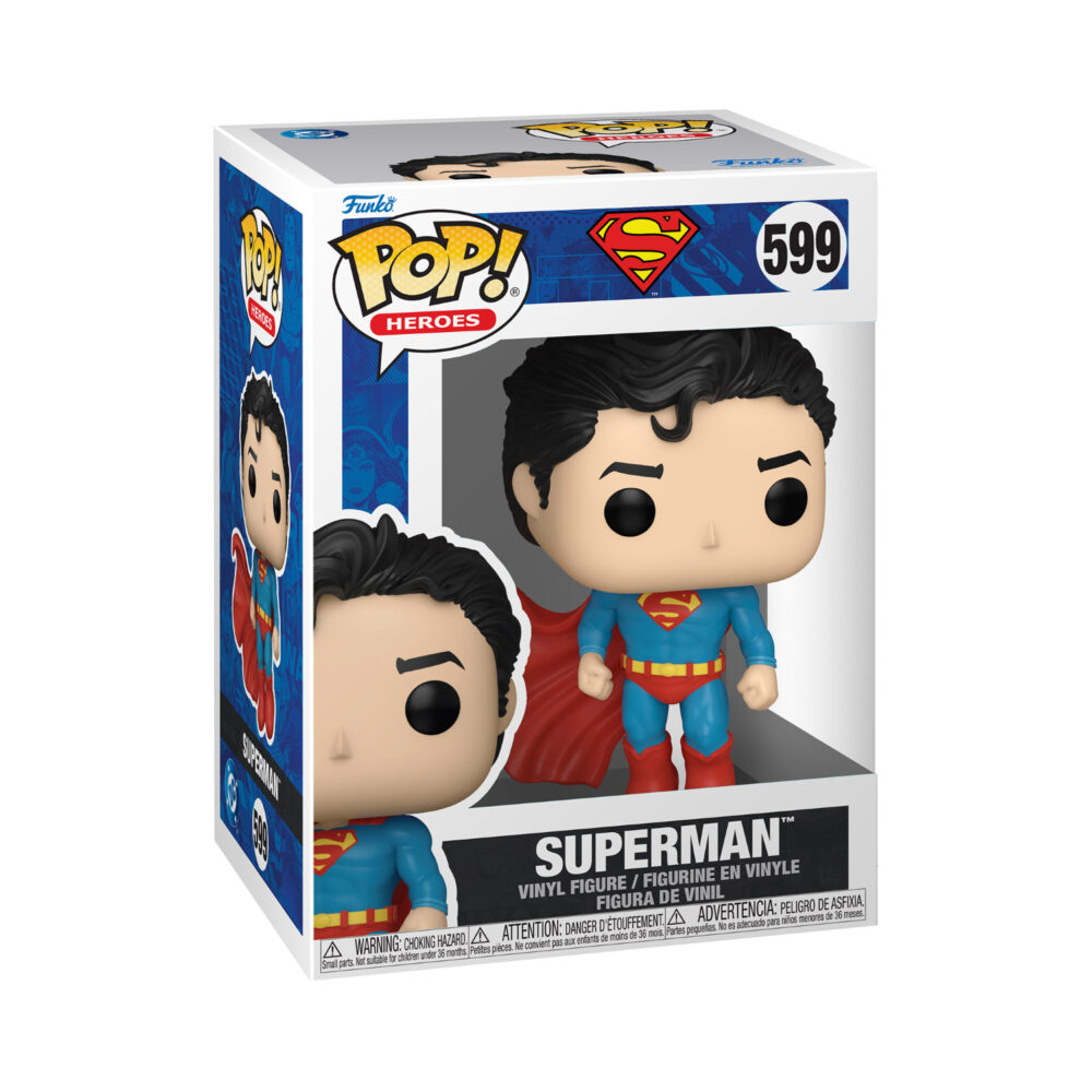 Superman Funko Pop #599 shown in its window display box.