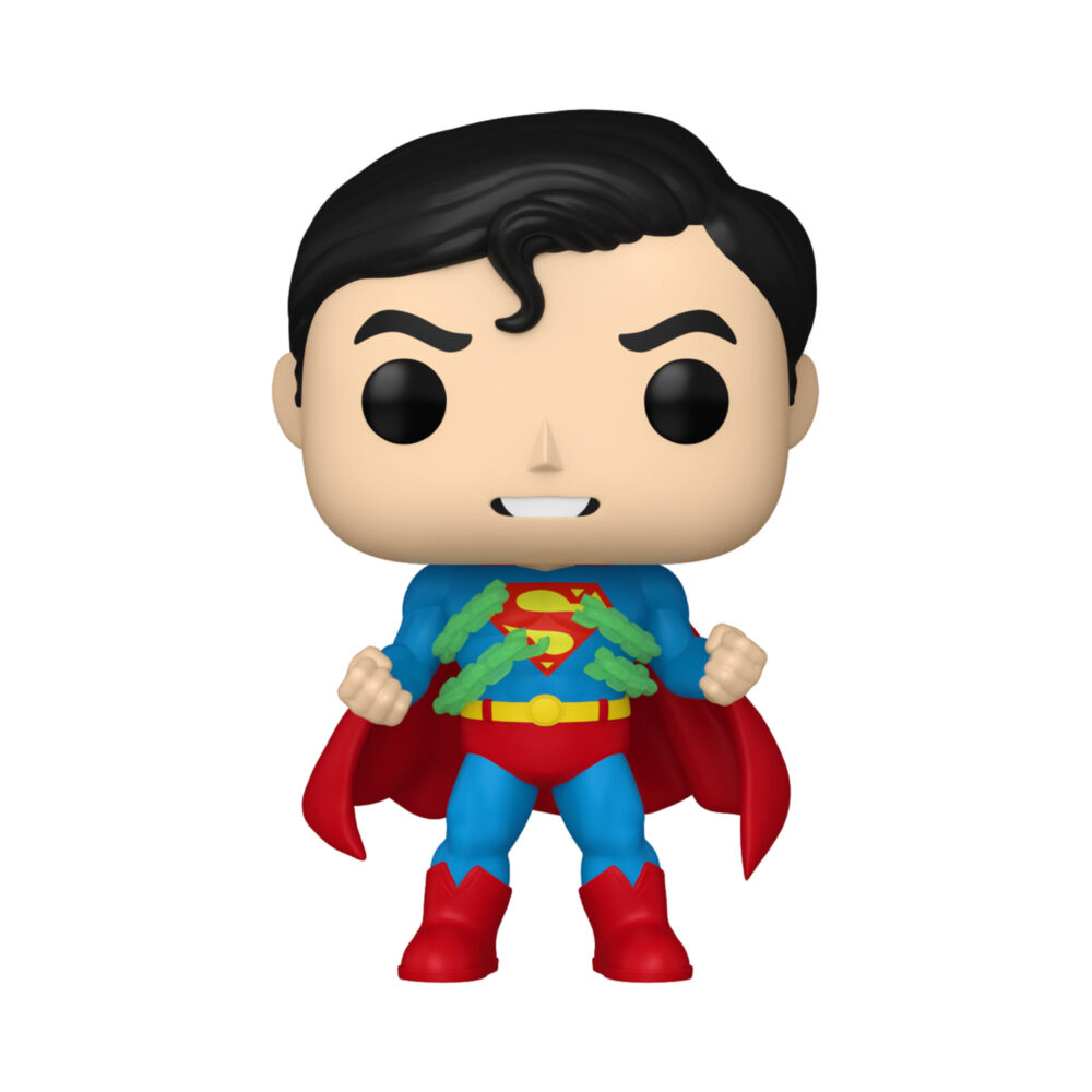 Unboxed Superman Funko Pop #615 Special Edition figure in a blue suit with red cape and green kryptonite chains.
