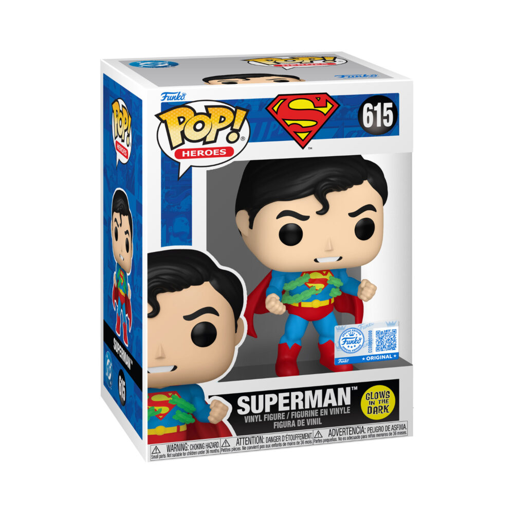 Superman Funko Pop #615 Special Edition shown in its window display box with the glow-in-the-dark badge.