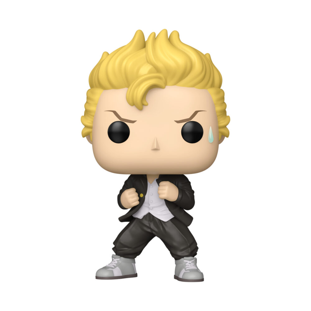 Unboxed Takemichi Hanagaki Funko Pop #2131 figure in a black outfit with a blue sweat drop detail.