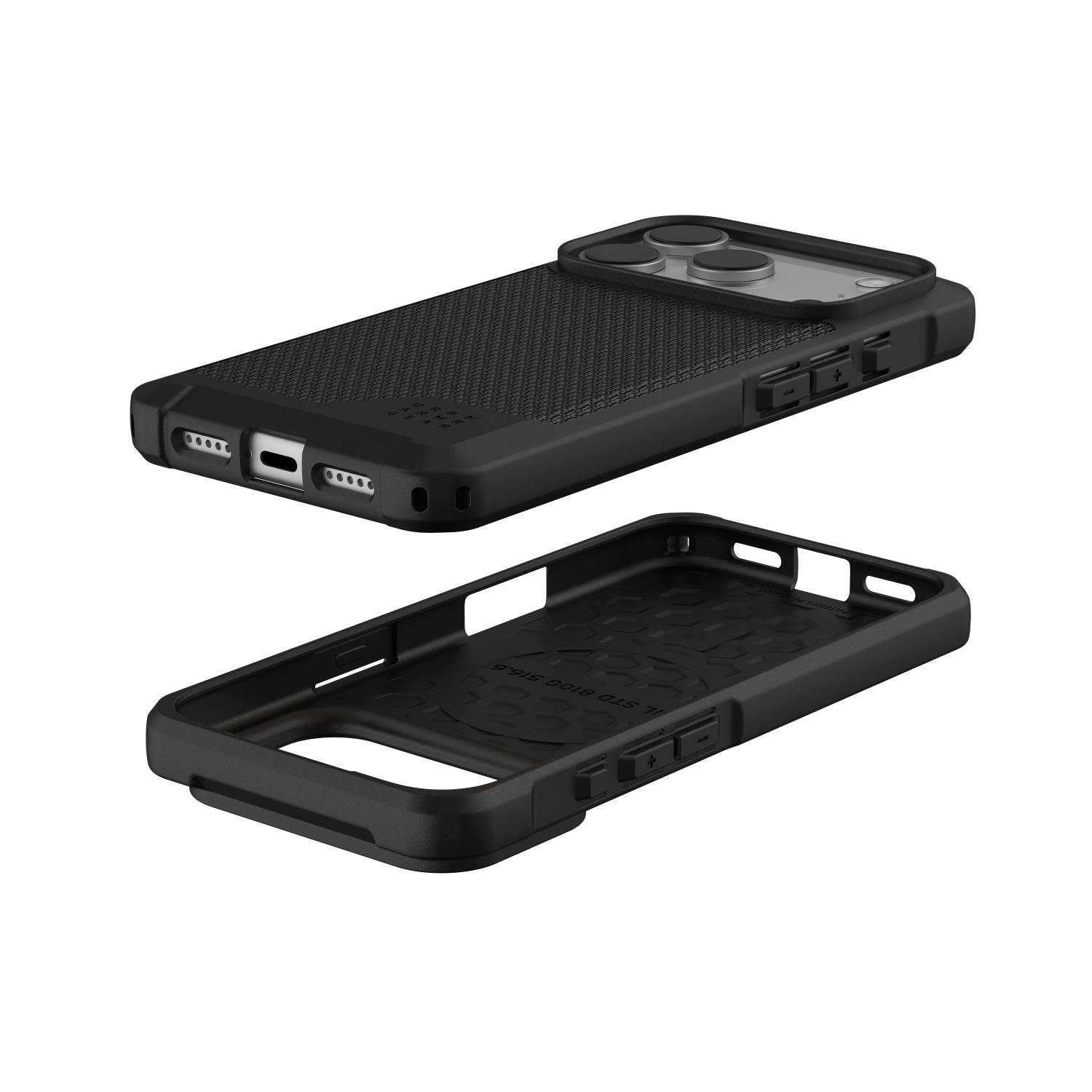 Exterior and interior views of the UAG Metropolis LT MagSafe case in Kevlar Black for iPhone 18 Pro and iPhone 17 Pro, showing the textured rear panel and protective inner construction.