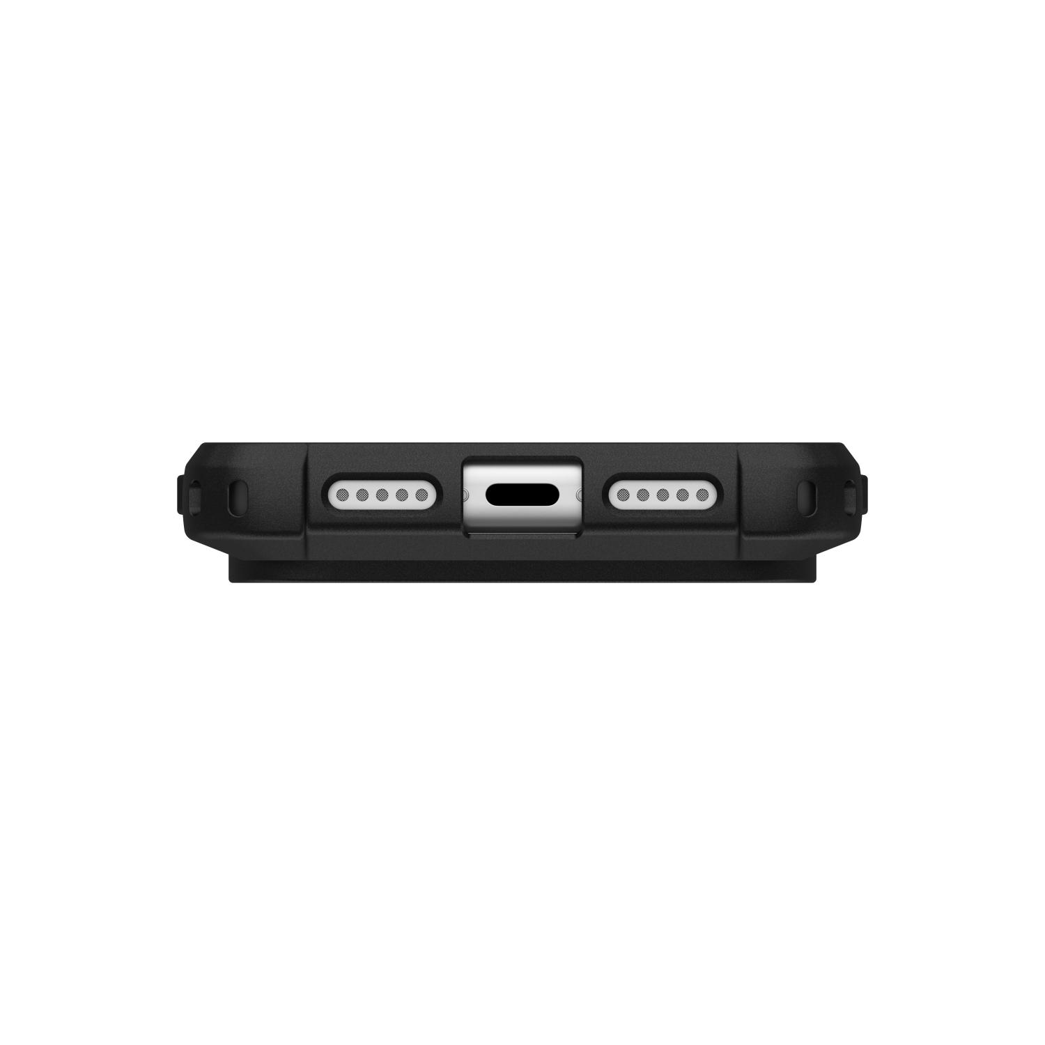 Bottom edge of the UAG Metropolis LT MagSafe case in Kevlar Black fitted to a compatible iPhone 18 Pro or iPhone 17 Pro, showing the charging-port and speaker openings.
