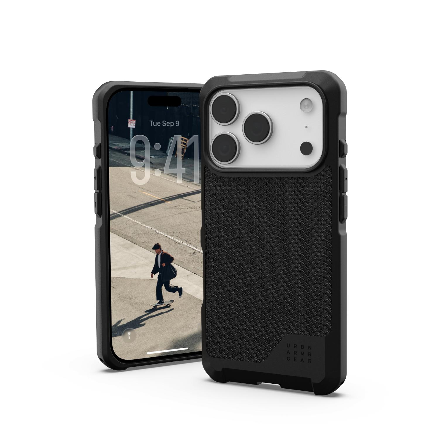 Front and rear fitted views of the UAG Metropolis LT MagSafe case in Kevlar Black on a compatible iPhone 18 Pro or iPhone 17 Pro.