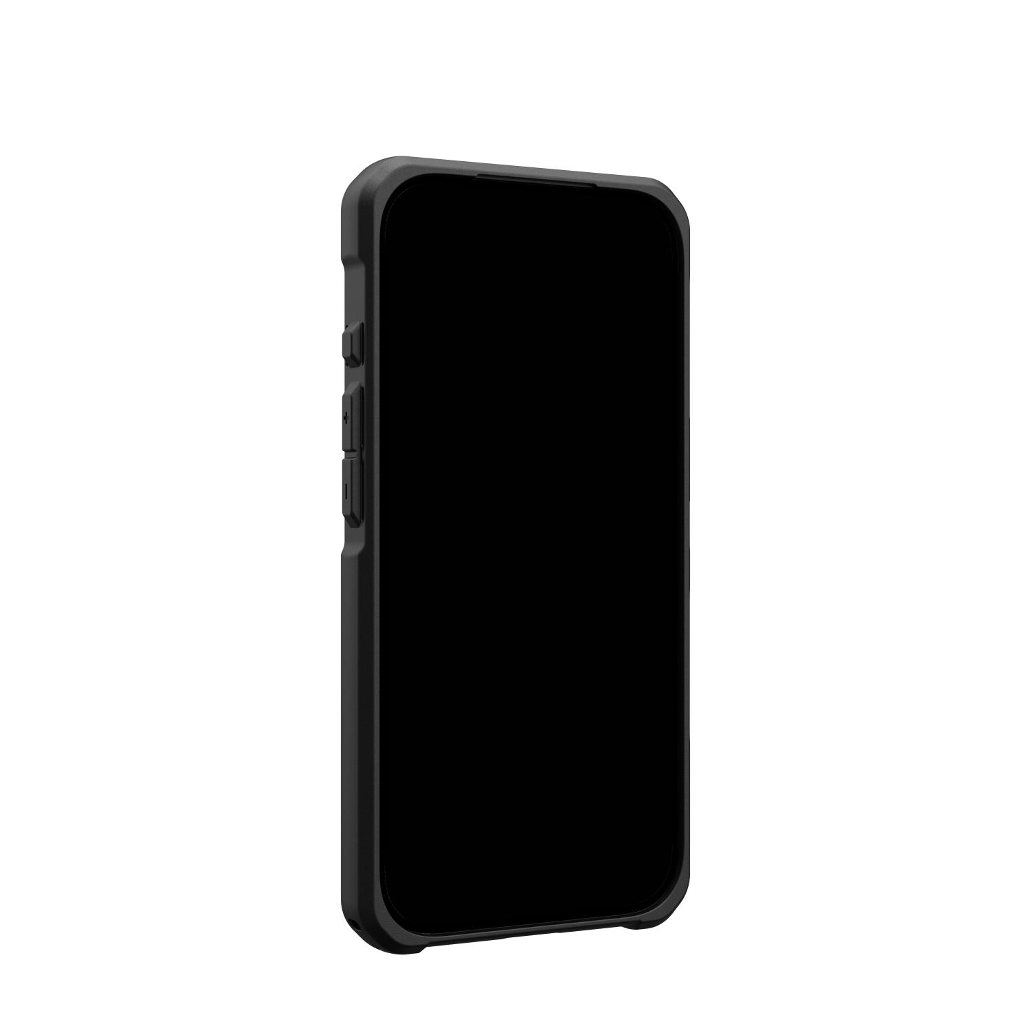 Angled front view of the UAG Metropolis LT MagSafe case in Kevlar Black fitted to a compatible iPhone 18 Pro or iPhone 17 Pro.