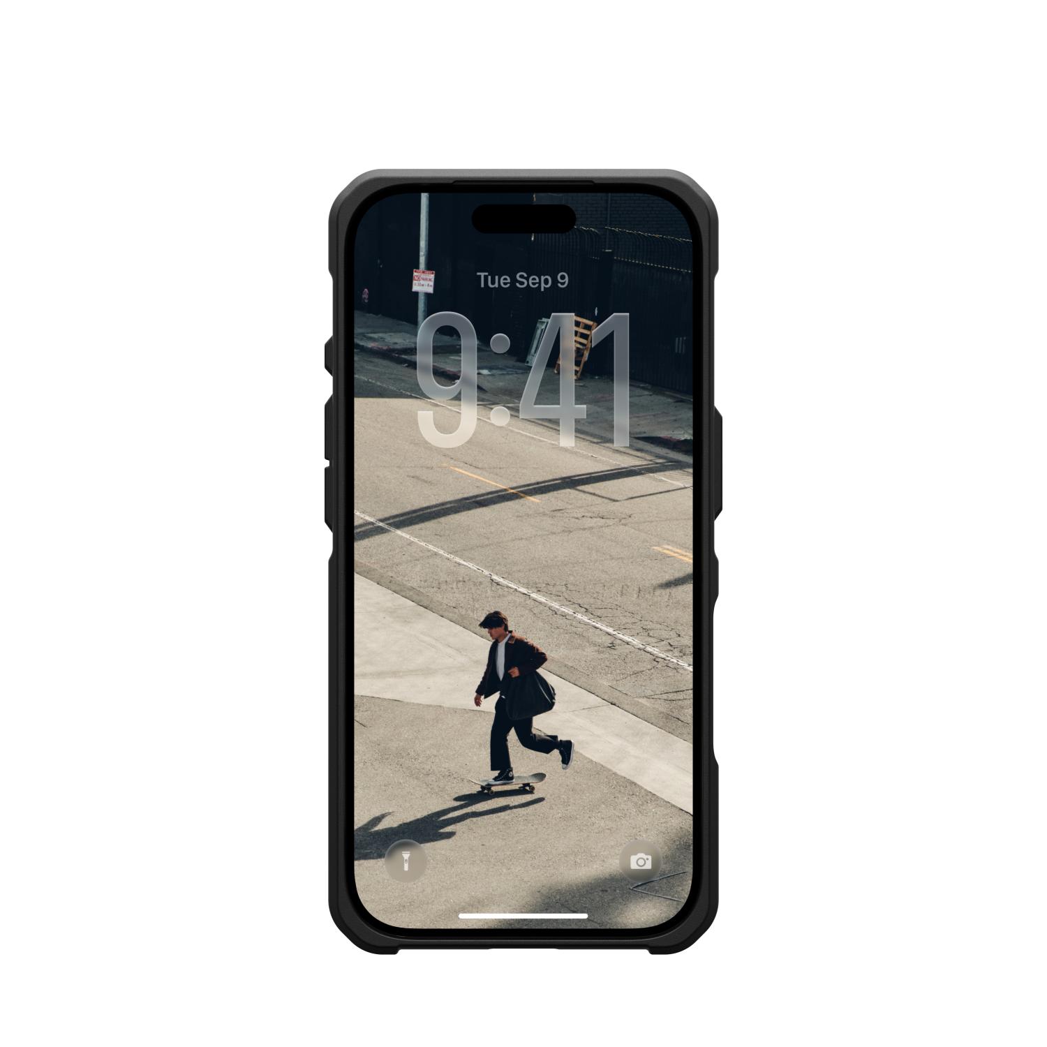Front view of the UAG Metropolis LT MagSafe case in Kevlar Black fitted to a compatible iPhone 18 Pro or iPhone 17 Pro, showing the raised protective edge around the display.