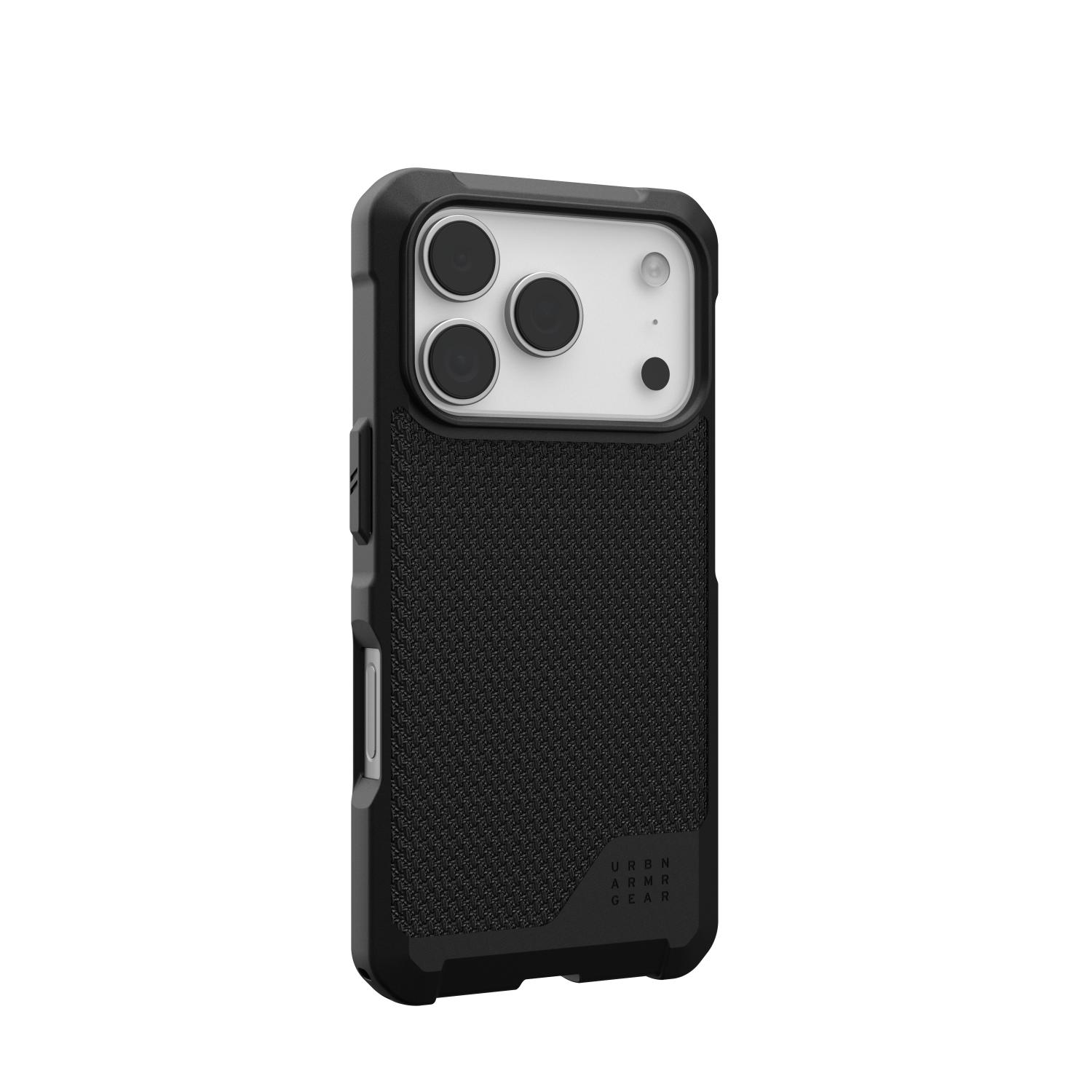 UAG Metropolis LT MagSafe case in Kevlar Black fitted to a compatible iPhone 18 Pro or iPhone 17 Pro, shown from the rear at an angle with the left side visible.