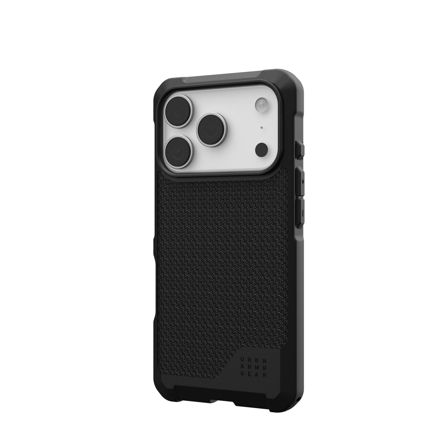 UAG Metropolis LT MagSafe case in Kevlar Black fitted to a compatible iPhone 18 Pro or iPhone 17 Pro, shown from the rear at an angle with the right side visible.