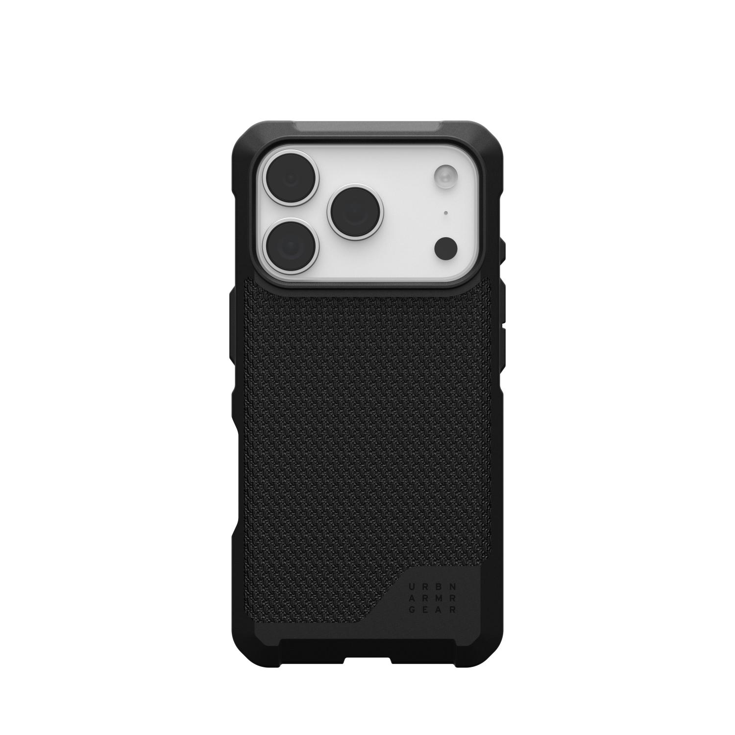 Rear view of the UAG Metropolis LT MagSafe case in Kevlar Black fitted to a compatible iPhone 18 Pro or iPhone 17 Pro.