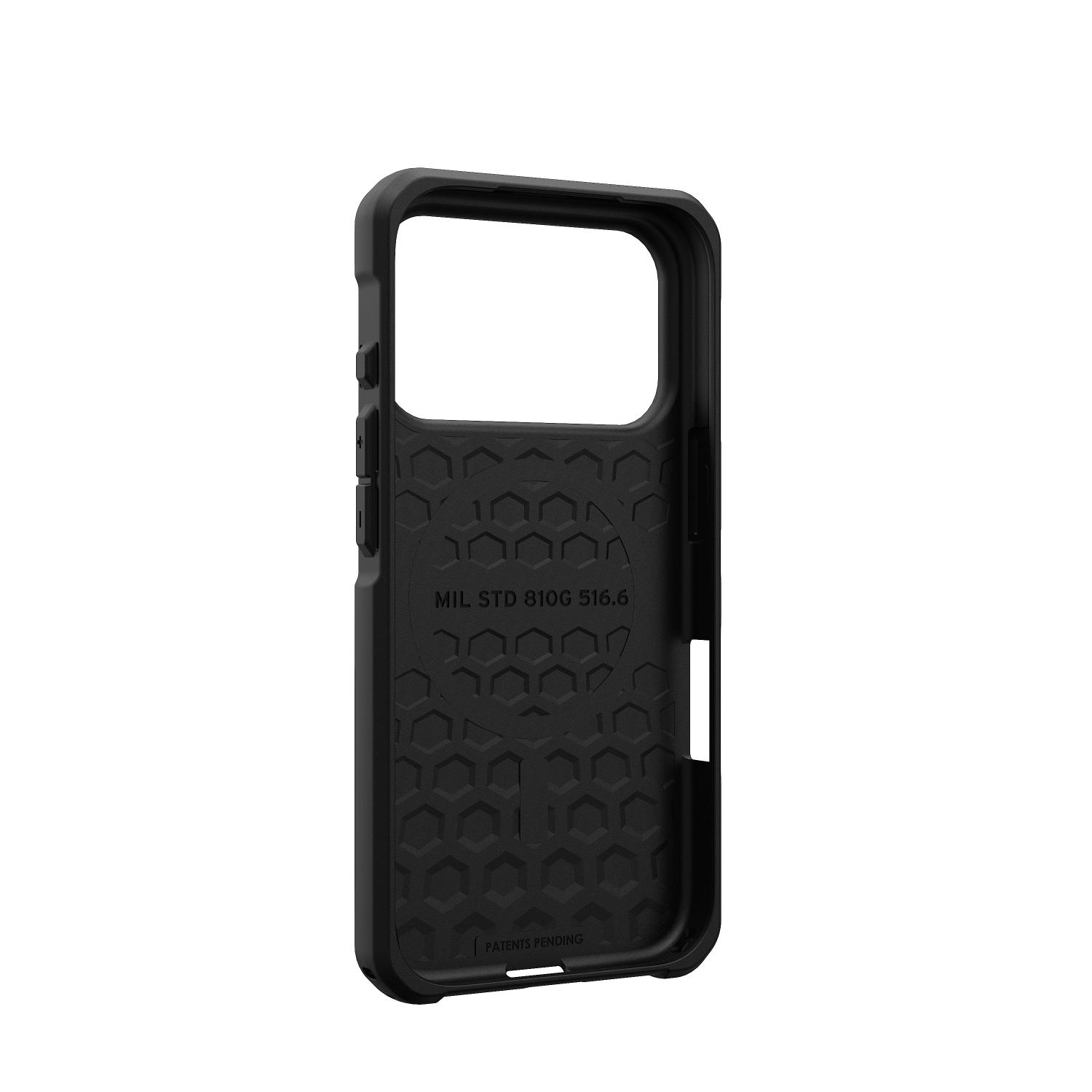 Angled interior view of the UAG Metropolis LT MagSafe case in Kevlar Black for iPhone 18 Pro and iPhone 17 Pro, showing the protective inner pattern and bumper construction.