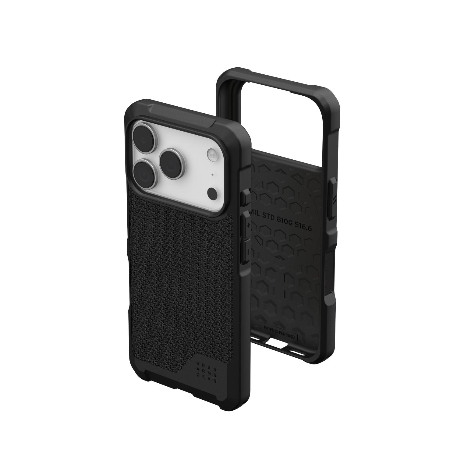 Exploded rear and interior view of the UAG Metropolis LT MagSafe case in Kevlar Black for iPhone 18 Pro and iPhone 17 Pro, showing the layered case construction.