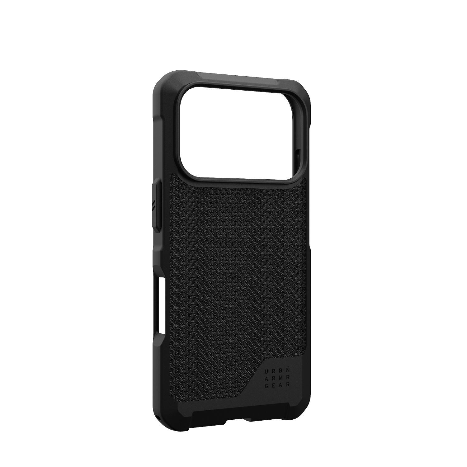 UAG Metropolis LT MagSafe case in Kevlar Black for iPhone 18 Pro and iPhone 17 Pro shown from the rear at an angle with the left side of the case visible.
