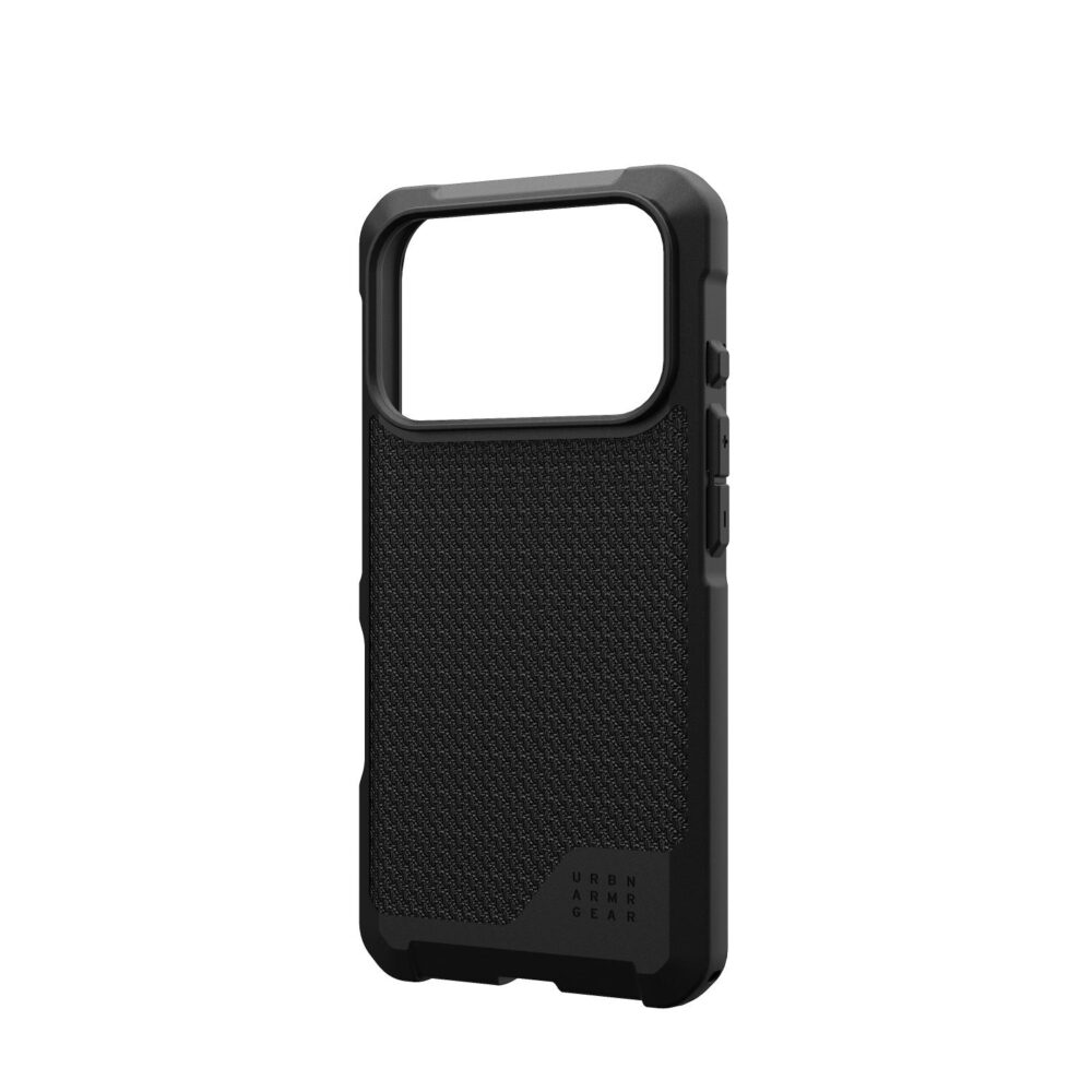 UAG Metropolis LT MagSafe case in Kevlar Black for iPhone 18 Pro and iPhone 17 Pro shown from the rear at an angle with the right side of the case visible.