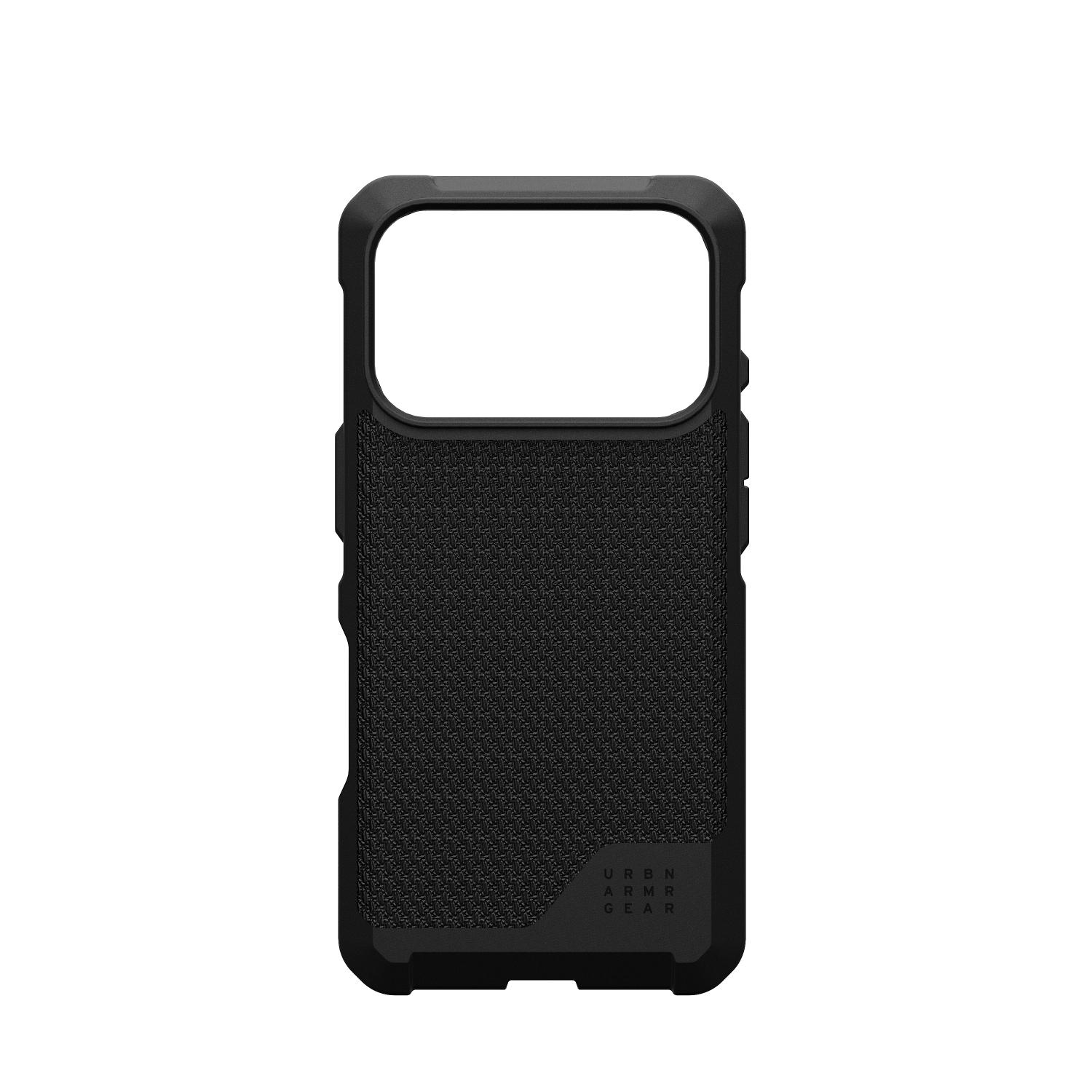 Rear view of the UAG Metropolis LT MagSafe case in Kevlar Black for iPhone 18 Pro and iPhone 17 Pro, showing the textured Kevlar rear inlay.
