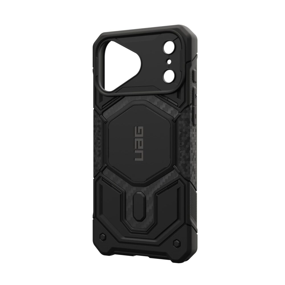 UAG Monarch Pro MagSafe case in Carbon Fibre for iPhone 18 Pro Max and iPhone 17 Pro Max shown from a rear three-quarter angle