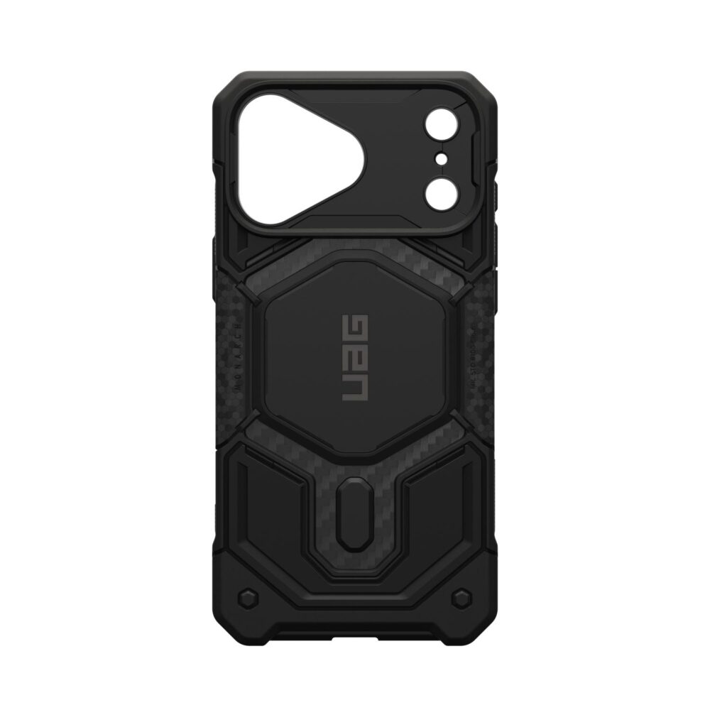 Carbon Fibre UAG Monarch Pro MagSafe case for iPhone 18 Pro Max and iPhone 17 Pro Max shown from the rear with the camera opening visible