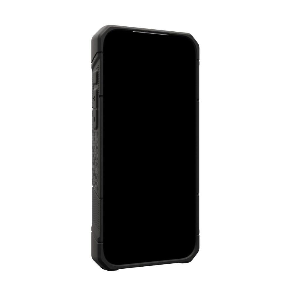 Kevlar Black UAG Monarch Pro MagSafe case fitted to an iPhone and shown from a front angle with the screen visible