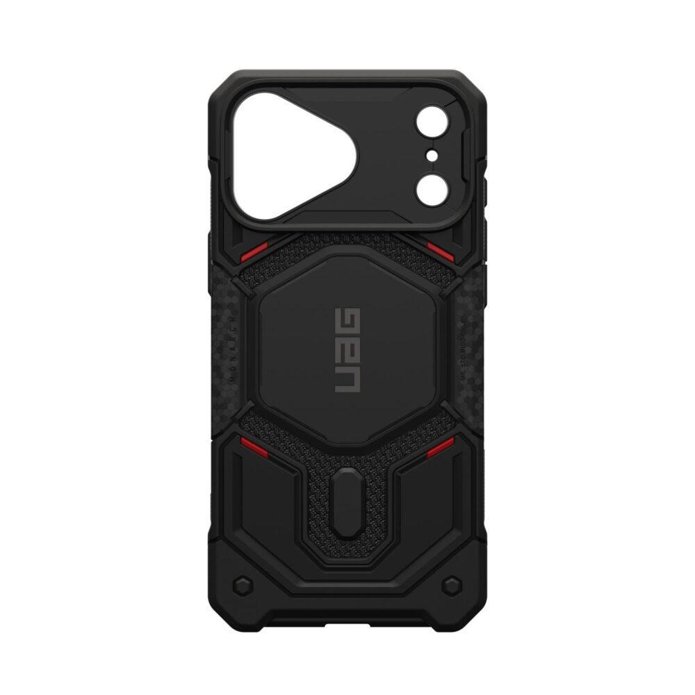 Kevlar Black UAG Monarch Pro MagSafe case shown from the rear with the large camera opening and red accent details visible