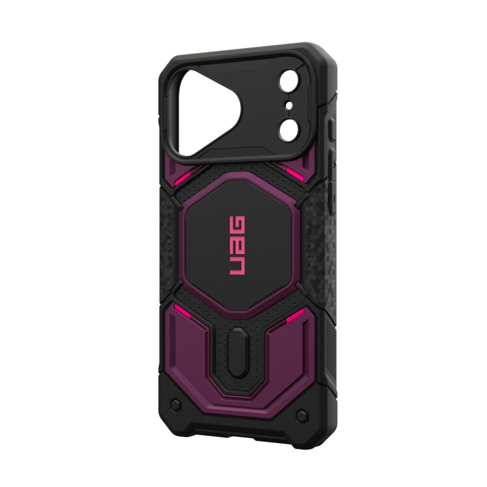 UAG Monarch Pro MagSafe case in Purple for iPhone 18 Pro Max and iPhone 17 Pro Max shown from a rear three-quarter angle with the camera opening and side edge visible