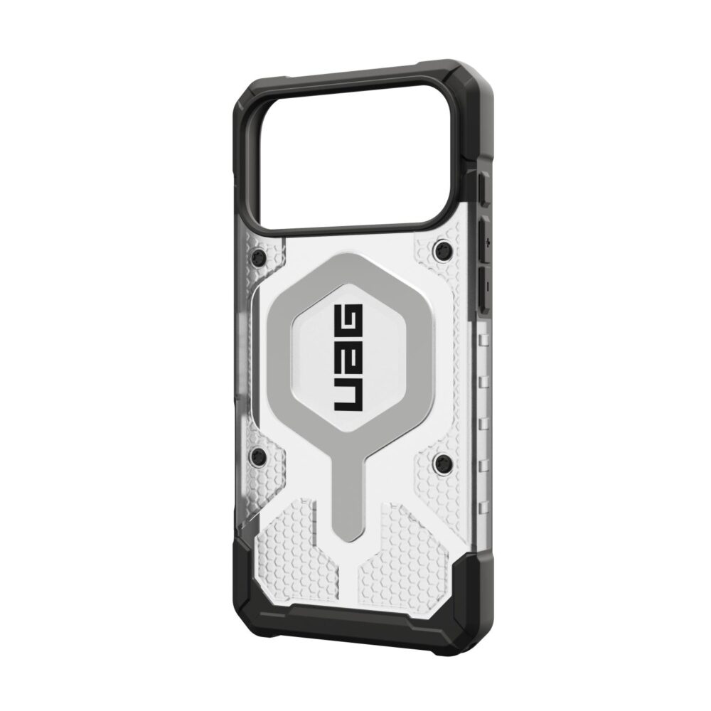 Empty UAG Pathfinder Clear MagSafe case in Ice/Silver shown from a rear angle with the side button covers visible