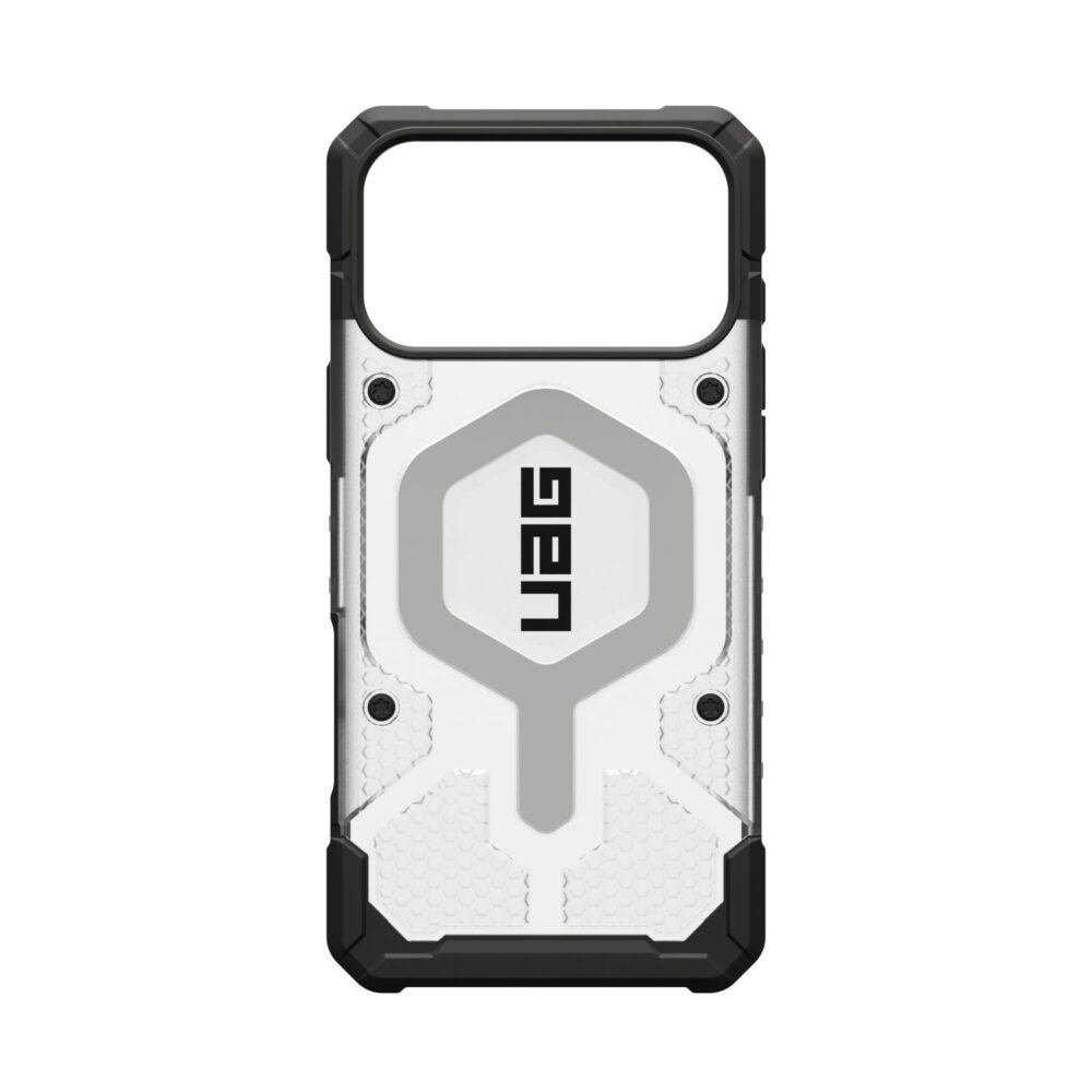 UAG Pathfinder Clear MagSafe case in Ice/Silver for iPhone 18 Pro Max and iPhone 17 Pro Max shown empty from the rear